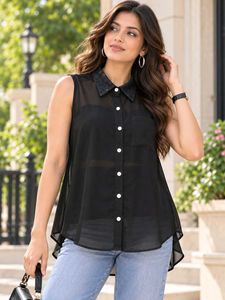 Sheer Black Sleeveless Button-Up Top