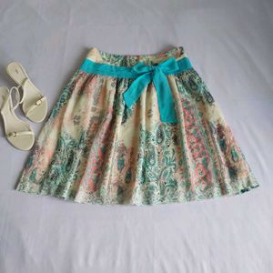 Boho Paisley Print Midi Skirt with Teal Ribbon🪻