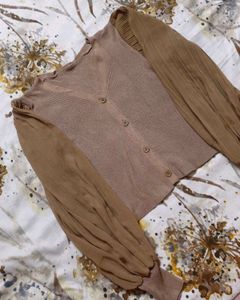 Beige Ribbed Puff Sleeve Top