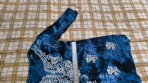 Blue Tie-Dye Kurta with White Embroidery