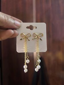 Gold Bow Pearl Drop Earrings