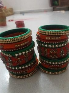 Stunning Orange &amp; Green Silk Thread Bangles