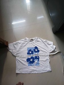White T-Shirt with Blue Floral Print