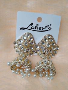 Elegant Kundan & Pearl Jhumka Earrings with earcha