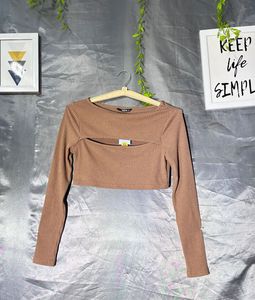 SHEIN Brown Ribbed Cut-Out Long Sleeve Top