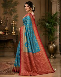Elegant Turquoise Blue Floral Woven Saree with Mag