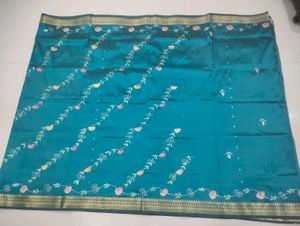 Teal Floral Silk Saree