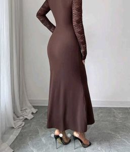 Elegant Brown Lace Sleeve Maxi Dress