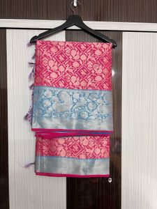 Stunning Pink & Silver Silk Saree