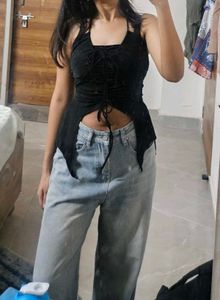 Black Lace-Up Crop Top