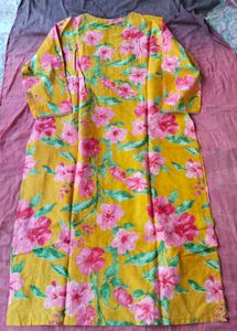 Yellow Floral Print Kurta with Embellished Necklin