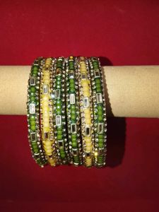 Green &amp; Golden Beaded Glass Bangles Set