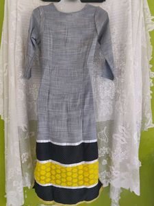 ANORA Grey Kurta with Yellow Floral Embellishments
