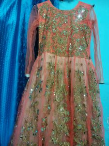 Floor Touch Gown in Peach colour with Mirror