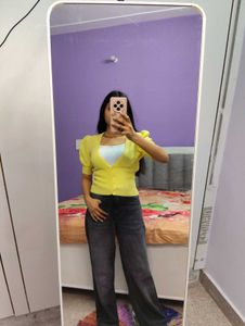 Yellow Puff Sleeve Cardigan