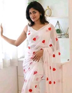 Elegant White Saree with Red heart design Dots