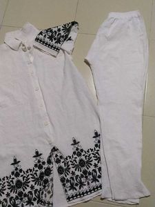 Embroidered Linen Kurta &amp; Pants Set