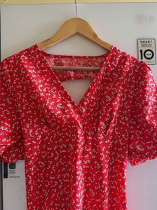 Red Floral Mini Dress with V-Neck