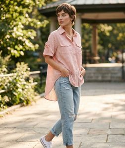 Peach Striped High-Low Loose Fit Shirt