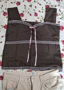FREE DELIVERY 🤎 Brown Polka Dot Lace Trim Cami
