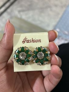 Elegant Green & Crystal Stud Earrings