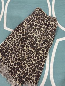 Leopard Print Fringed Denim Skirt