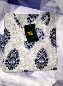 Brand New Cream &amp; Indigo Printed Straight kurti