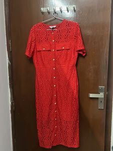 Elegant Red Lace Button-Up Dress