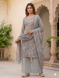 Elegant Grey Floral Kurta Set with Dupatta