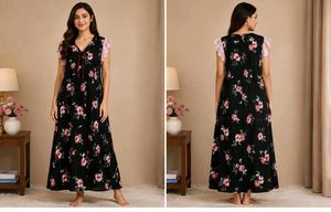 Black Floral Print Nightdress with Lace Sleeves