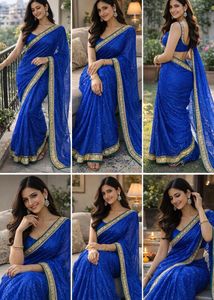 Blue Saree with Gold Border light weight