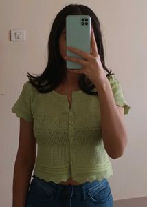 Sage Green Knit Short-Sleeve Buttoned Cardigan
