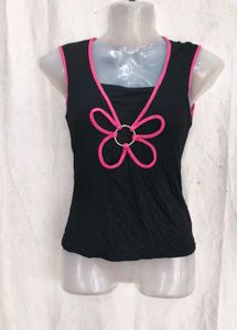 Black Sleeveless Top with Pink Flower Design