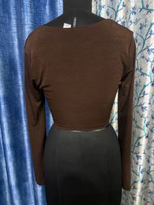 Brown Ruched Tie-Front Long Sleeve Top