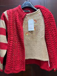 Red & Beige Knitted Cardigan Set