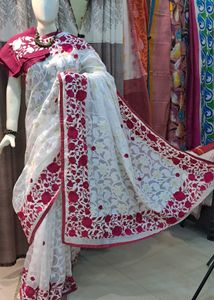 Brand New White & Pink Embroidered Saree