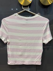 Cream &amp; Pink Striped Cropped Tee
