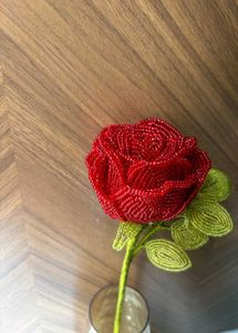 Beaded Red Rose with Leaves