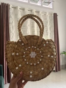 Straw Round Bag with Pearl Embellishments