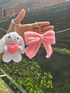 Handmade Crochet Bunny & Bow Keychain Set