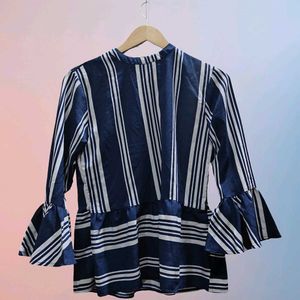 Striped Navy Blue Bell Sleeve Top