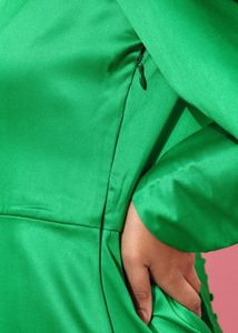 Green Satin Puff Sleeve Slit Dress