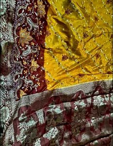 mustard yellow meroon Pure Silk Saree