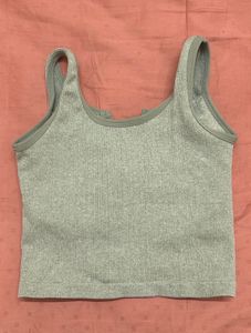 Grey Ribbed V-Neck Crop Tank Top (Built in padding
