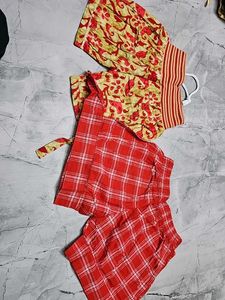Cute Red Plaid &amp; Floral Shorts Set