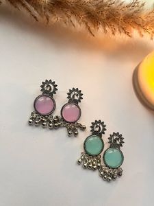 Peacock Design Earrings - Pink &amp; Teal
