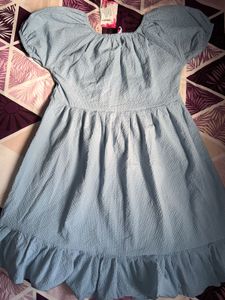 Light Blue Textured Puff Sleeve Dress
