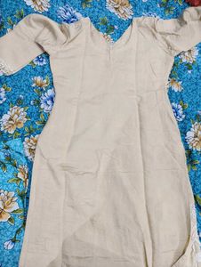 Elegant Beige Kurta with White Lace Trim