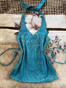 Royal Teal Brocade Halter Neck top