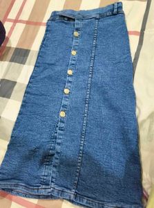 Blue Denim Button-Front Midi Skirt